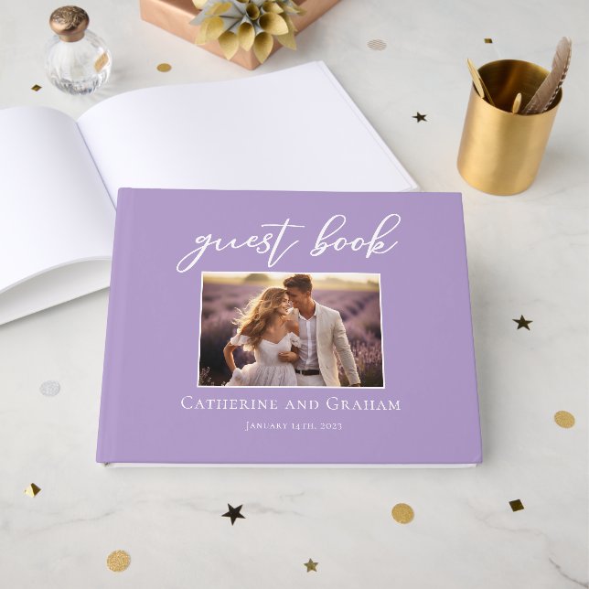 Lilac Purple Wedding Couple Photo Guest Book (Front Open)