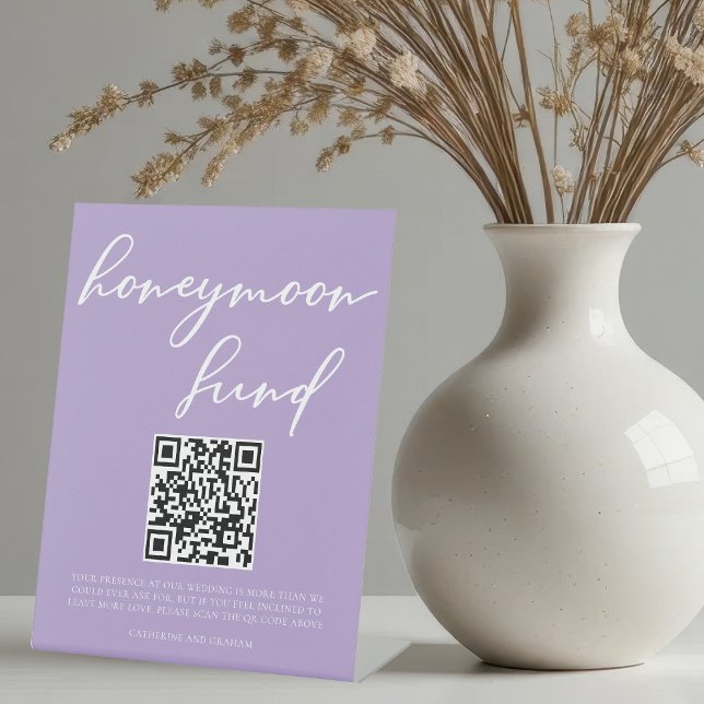 Lilac Purple Wedding Honeymoon Fund QR Code Pedestal Sign (Creator Uploaded)