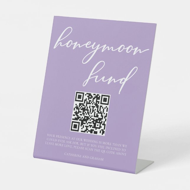 Lilac Purple Wedding Honeymoon Fund QR Code Pedestal Sign (Front)