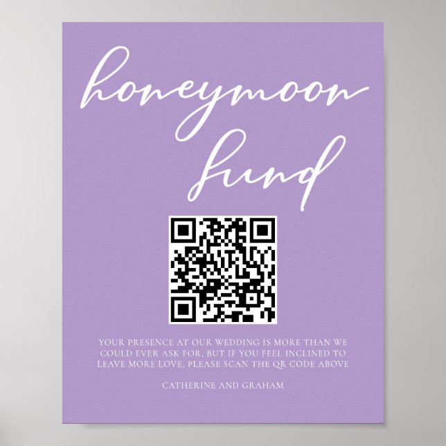 Lilac Purple Wedding Honeymoon Fund QR Code Poster (Front)