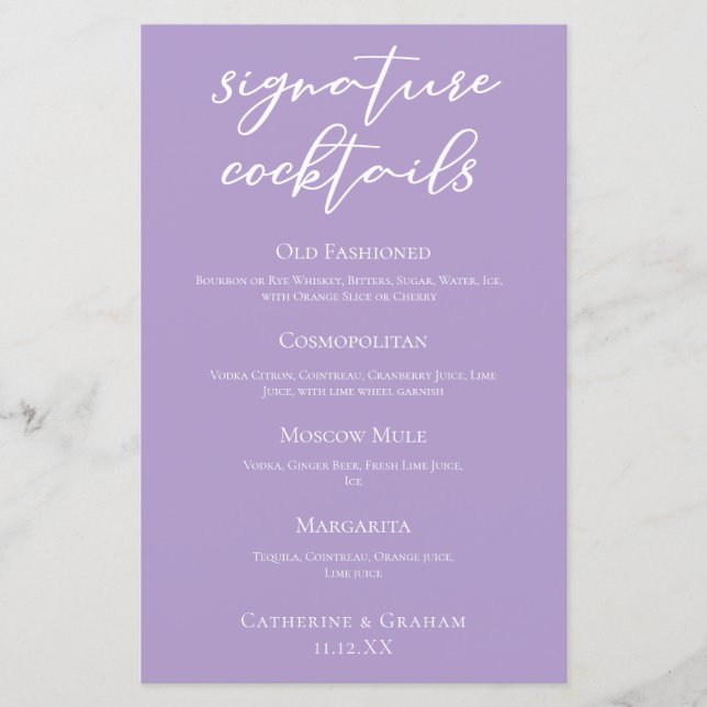 Lilac Purple Wedding Signature Cocktails Menu (Front)