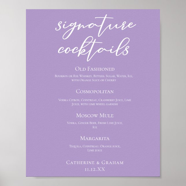 Lilac Purple Wedding Signature Cocktails Menu Poster (Front)