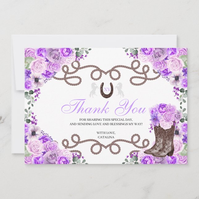 Lilac Purple Western Horse Quinceanera Thank You  (Front)