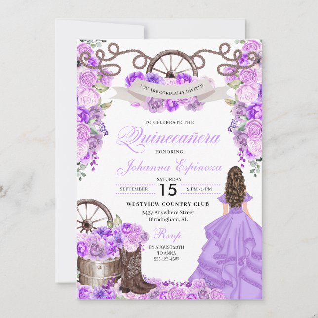 Lilac Purple Western Princess Ranchero Quinceanera Invitation (Front)