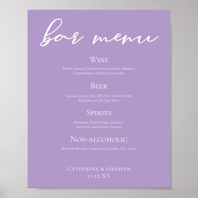 Lilac Purple White Typography Wedding Bar Menu Poster (Front)