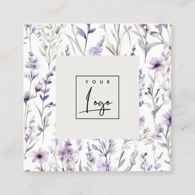 Lilac Purple Wildflower Butterfly Watercolor Logo Square Business Card (Front)