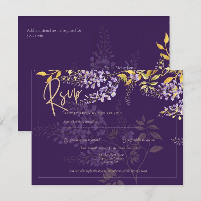 Lilac Purple Wisteria Gold Wedding Invite RSVP  Postcard (Front/Back)