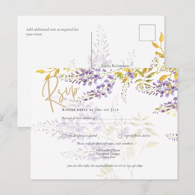 Lilac Purple Wisteria Gold Wedding RSVP  Postcard (Front/Back)