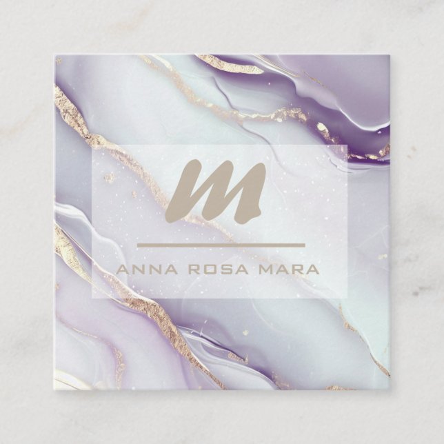 *~* Lilac QR AP66 Marble Glam Luxe Glitter Initial Square Business Card (Front)