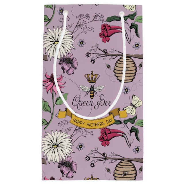 Lilac Queen Bee, Beehive and Flowers Floral Small Gift Bag (Front)