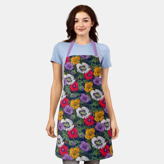 Lilac Red White Yellow Poppies & Green Leaves Apron (Worn)