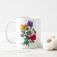 Lilac Red White Yellow Poppies & Green Leaves