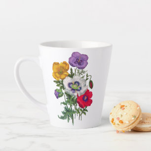 Lilac Red White Yellow Poppies & Green Leaves Latte Mug