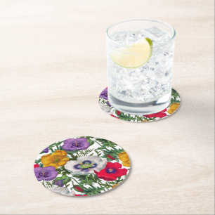 Lilac Red White Yellow Poppies & Green Leaves Round Paper Coaster