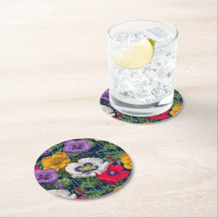 Lilac Red White Yellow Poppies & Green Leaves Round Paper Coaster
