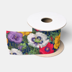 Lilac Red White Yellow Poppies & Green Leaves Satin Ribbon