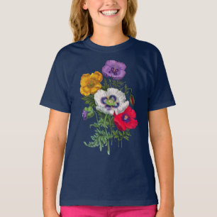 Lilac Red White Yellow Poppies & Green Leaves T-Shirt