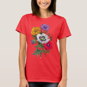 Lilac Red White Yellow Poppies & Green Leaves T-Shirt