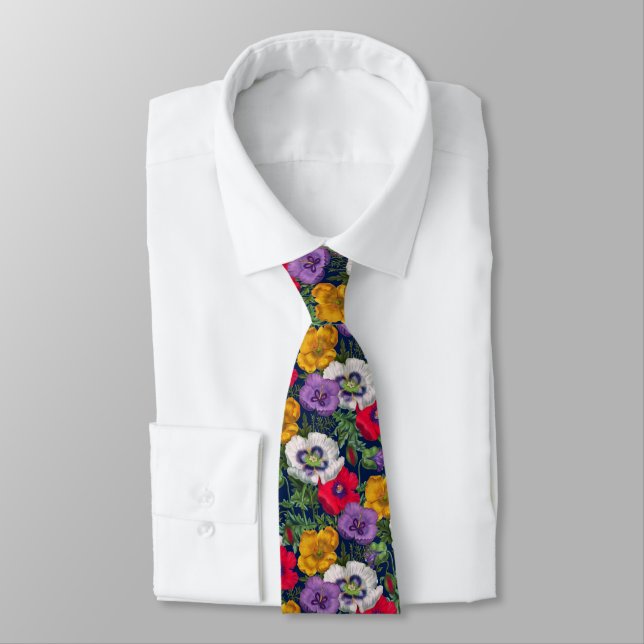 Lilac Red White Yellow Poppies & Green Leaves   Tie (Tied)