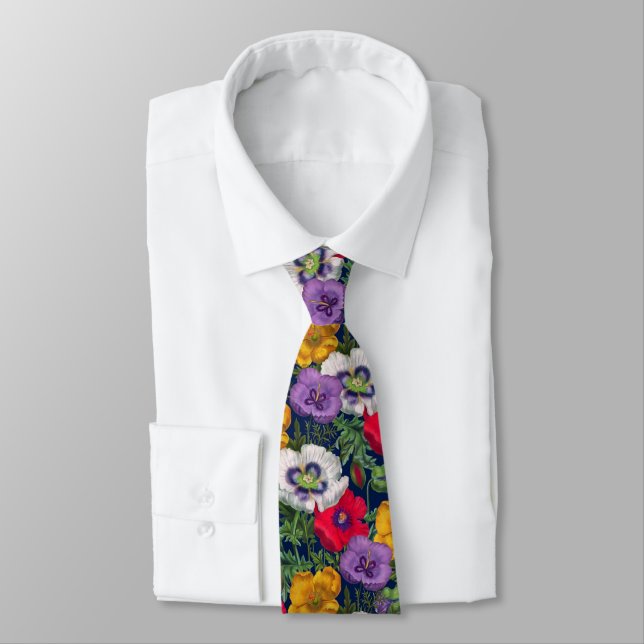 Lilac Red White Yellow Poppies & Green Leaves Tie (Tied)