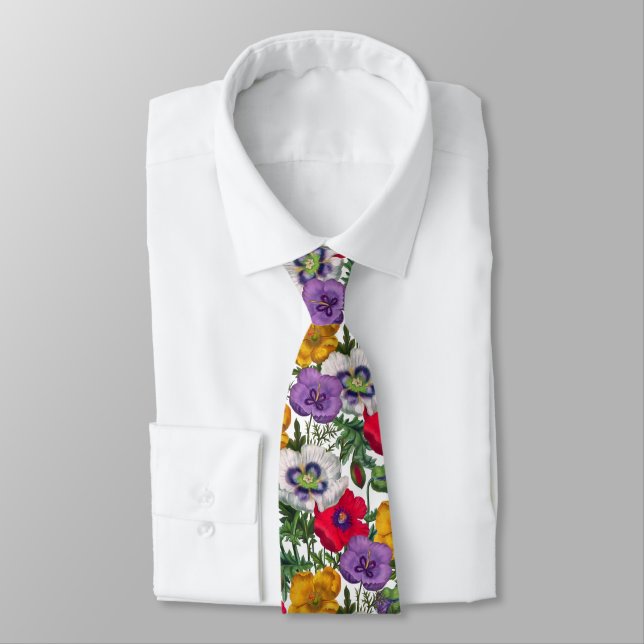 Lilac Red White Yellow Poppies & Green Leaves Tie (Tied)