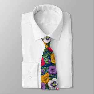 Lilac Red White Yellow Poppies & Green Leaves  Tie