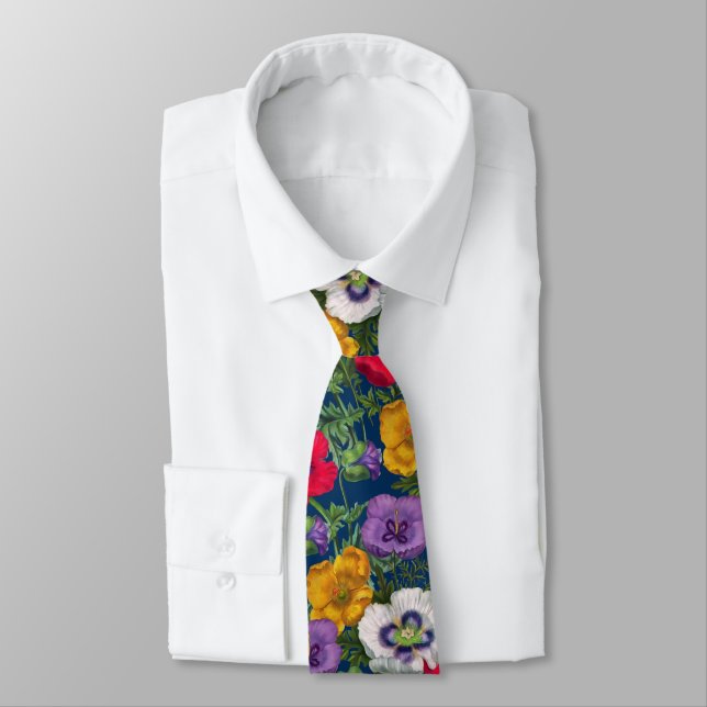 Lilac Red White Yellow Poppies & Green Leaves  Tie (Tied)