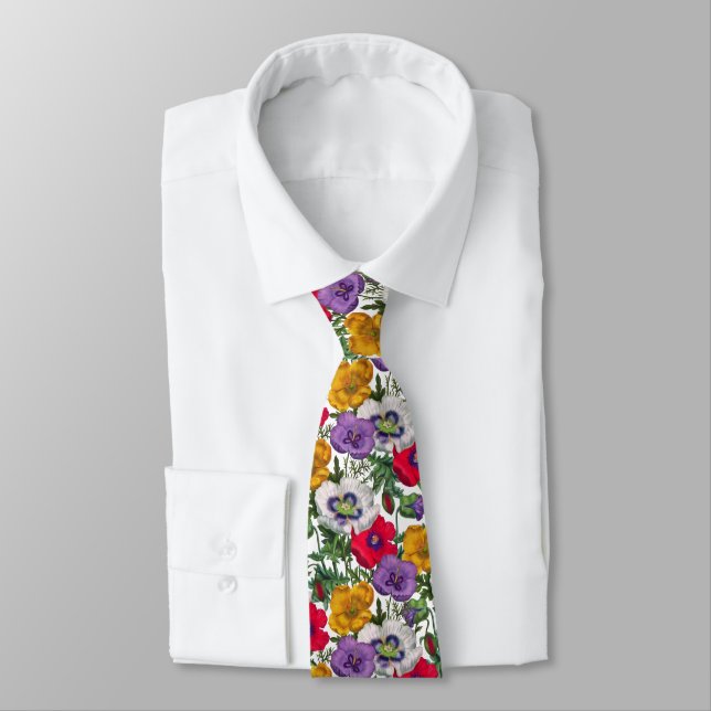 Lilac Red White Yellow Poppies & Green Leaves  Tie (Tied)