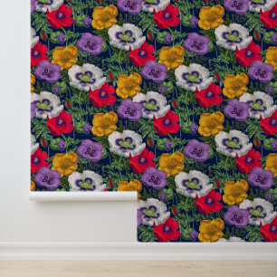 Lilac Red White Yellow Poppies & Green Leaves Wallpaper