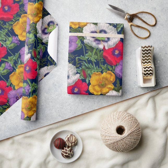 Lilac Red White Yellow Poppies & Green Leaves  Wrapping Paper (Crafts)