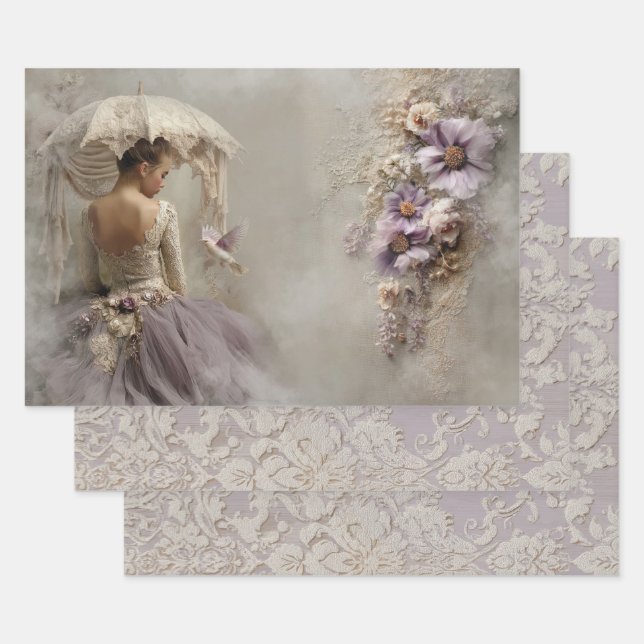 Lilac Reverie Ballerina & Raised Damask Background Wrapping Paper Sheet (Set)