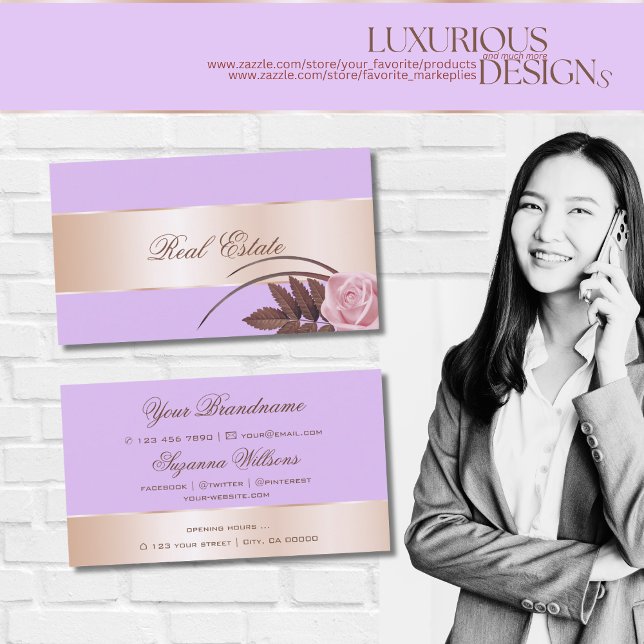 Lilac Rose Gold Decor Cute Flower Modern Floral Business Card (Creator Uploaded)