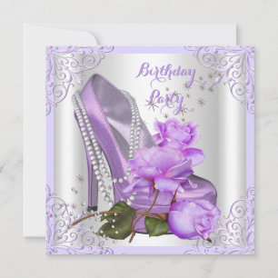 Lilac Rose Hi Heel Lace Pearls Birthday Party Invitation