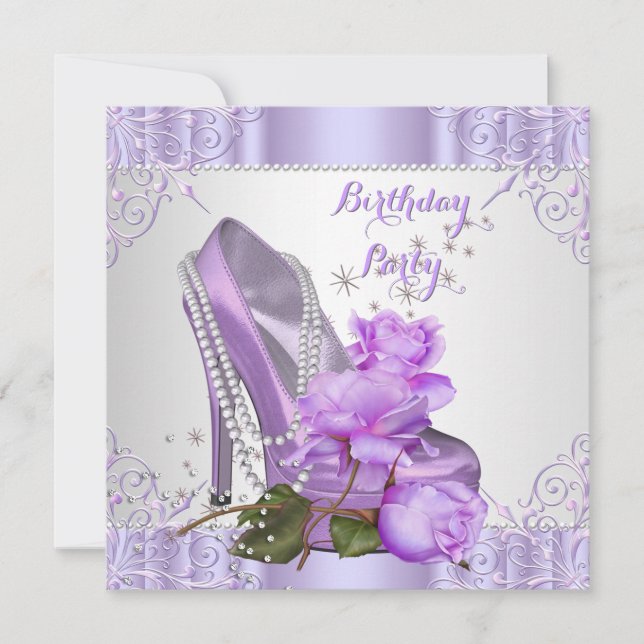 Lilac Rose High Heel Lace Pearls Birthday Party 2 Invitation (Front)