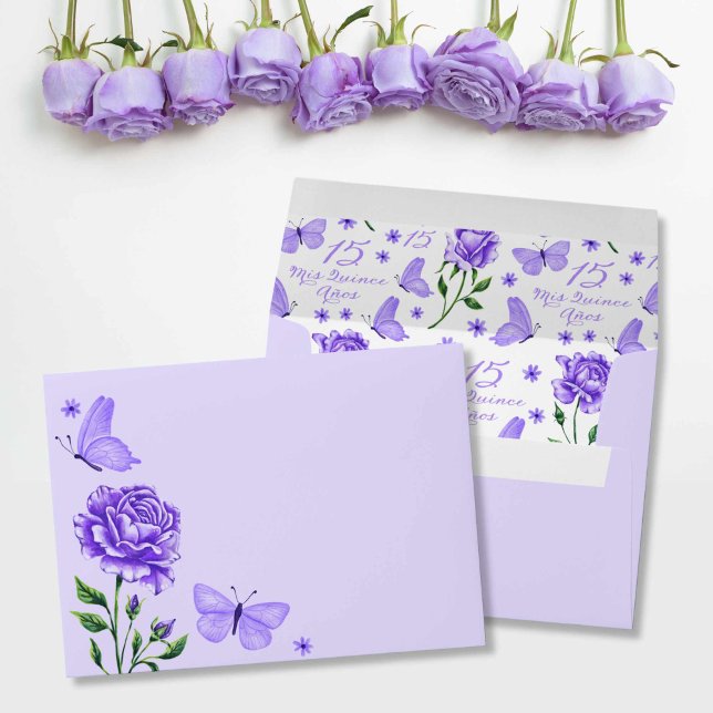 Lilac Roses and Butterflies Quinceañera Birthday Envelope (Lilac Roses and Butterflies Quinceañera Birthday Envelope)