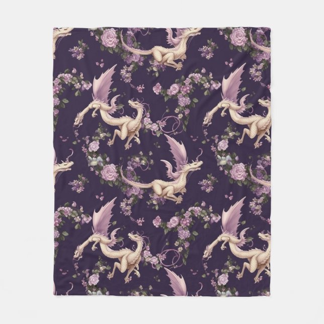 Lilac, Roses, and White Dragons Fleece Blanket (Front)
