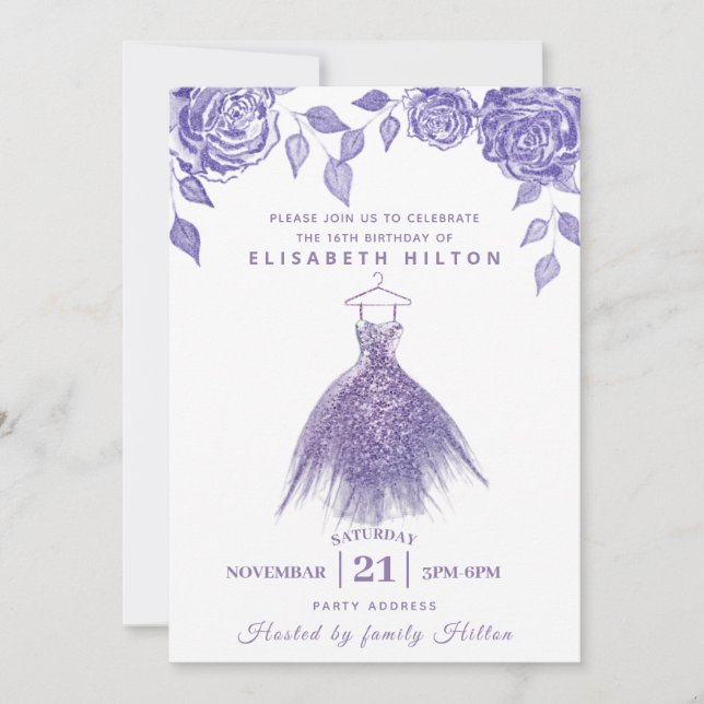 Lilac roses modern Glitter dress sweet sixteen  In Invitation (Front)