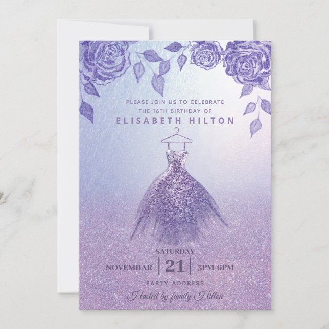 Lilac roses modern Glitter dress sweet sixteen Invitation (Front)