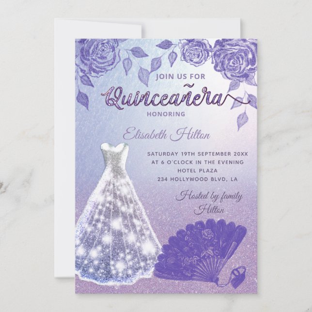 Lilac roses romantic Glitter dress fan Quinceañera Invitation (Front)