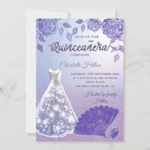 Lilac roses romantic Glitter dress fan Quinceañera Invitation