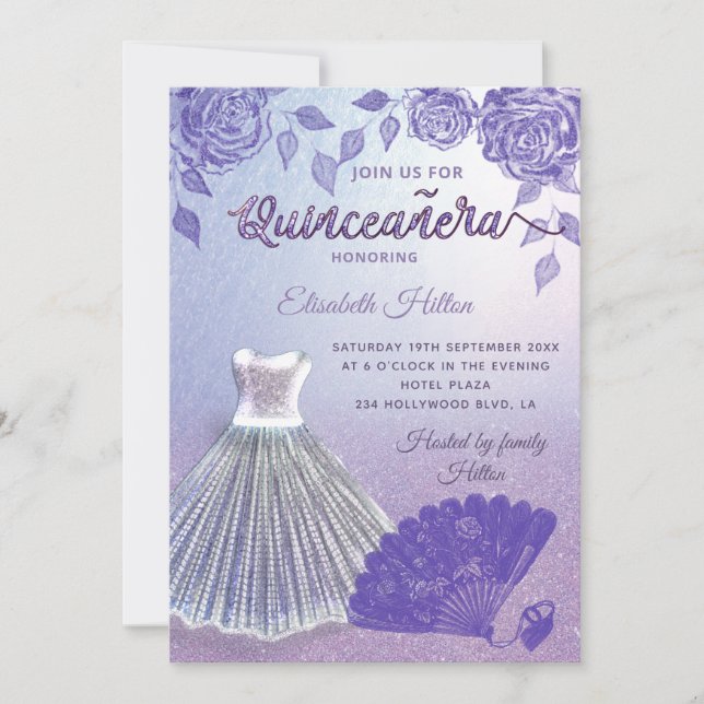 Lilac roses romantic Glitter dress fan Quinceañera Invitation (Front)