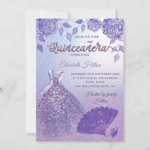 Lilac roses romantic Glitter dress fan Quinceañera Invitation