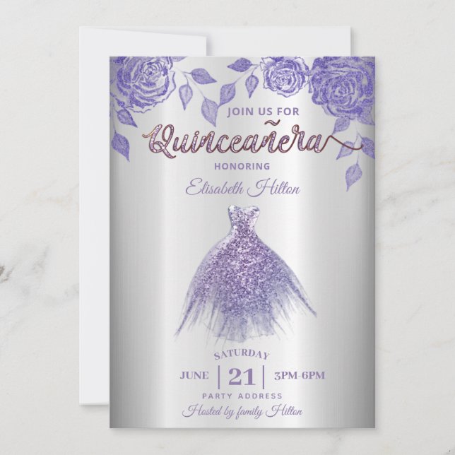 Lilac roses romantic Glitter dress  Quinceañera  I Invitation (Front)
