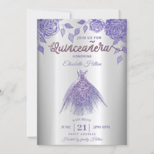 Lilac roses romantic Glitter dress  Quinceañera  I Invitation
