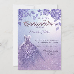 Lilac roses romantic Glitter dress  Quinceañera In Invitation