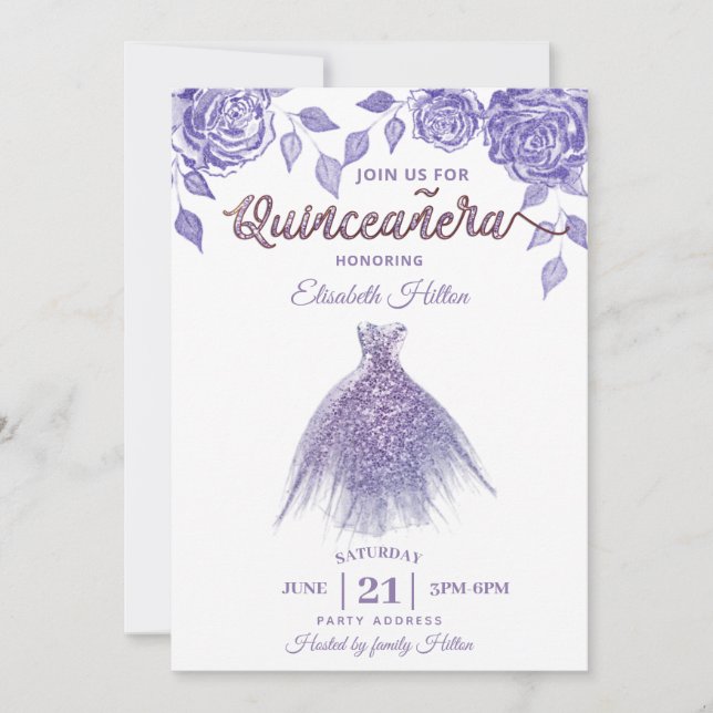 Lilac roses romantic Glitter dress  Quinceañera  Invitation (Front)