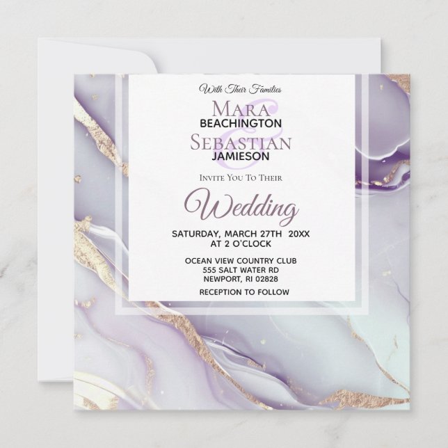 *~*  LILAC RSVP QR GOLD MARBLE AR66 Wedding Invitation (Front)