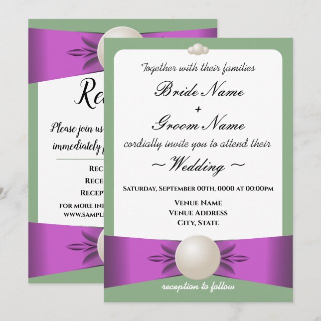 Lilac & Sage Pearl Ribbon Wedding Reception Invitation (Front/Back)