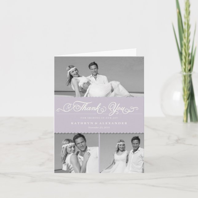 Lilac Scallop Band Romantic Script 3 Photo Wedding Thank You Card (Front)