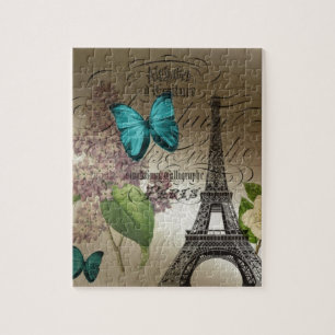 lilac scripts modern vintage paris eiffel tower jigsaw puzzle